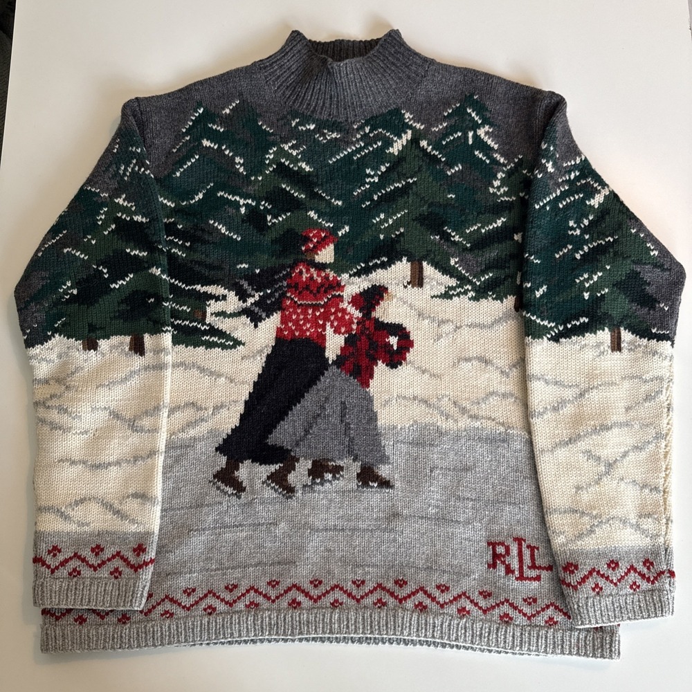 Vintage Lauren Ralph Lauren Hand Knit Ski Sweater Size L Lambswool Mock Neck 100